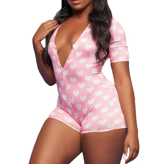 WSEVYPO Women One-Piece Short Sleeve Romper Deep V Neck Jumpsuit Nightwear Pajam