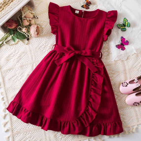 WSMEA Dresses for Girls Formal Fly Sleeve Solid Bowknot Size 6 Sun Dress