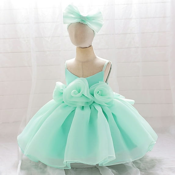 WSMEA Girls Dresses Fancy Party Sleeveless Solid Color Flower Birthday Party With Headband Skater Dress