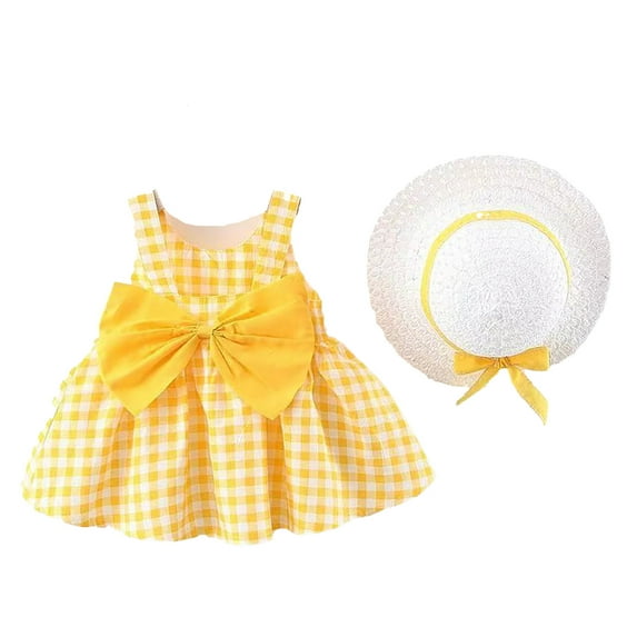 WSMEA Girls Dresses Formal Sleeveless Bow Plaid Print Hat Set Outfit Party Wedding Dress