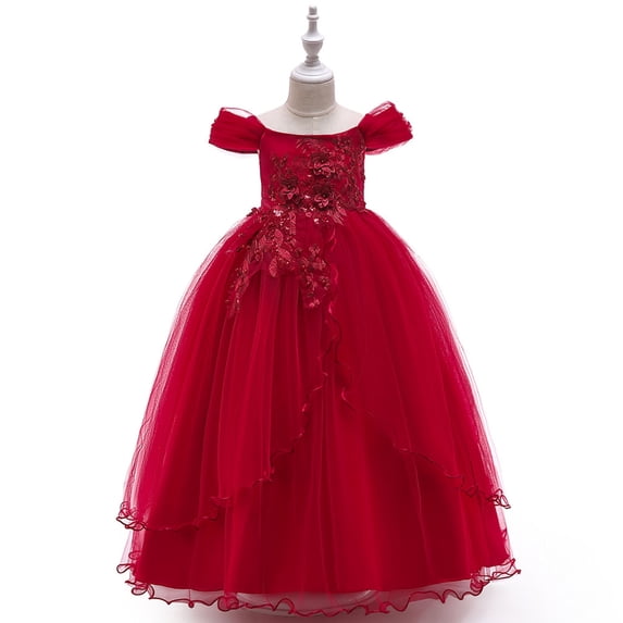 WSMEA Girls Dresses Summer Line Shoulder Performance Long Pommel Party Dress