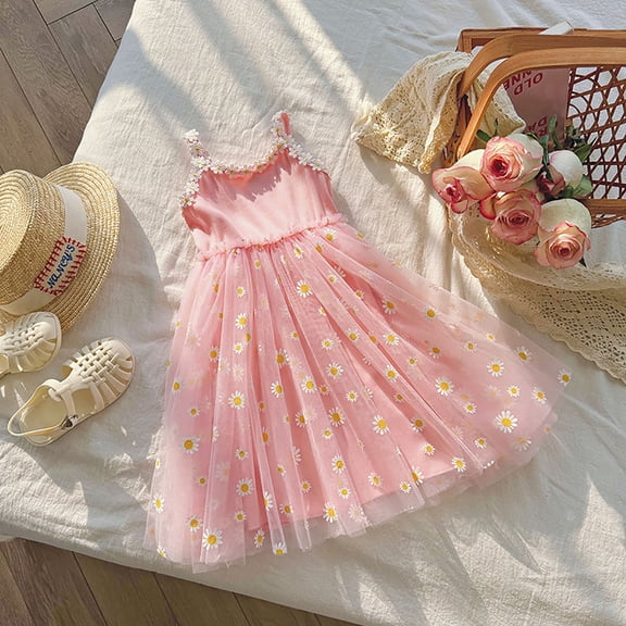 WSMEA Girls Dresses Summer Little Print Puffy Beach Fancy Sun Dress
