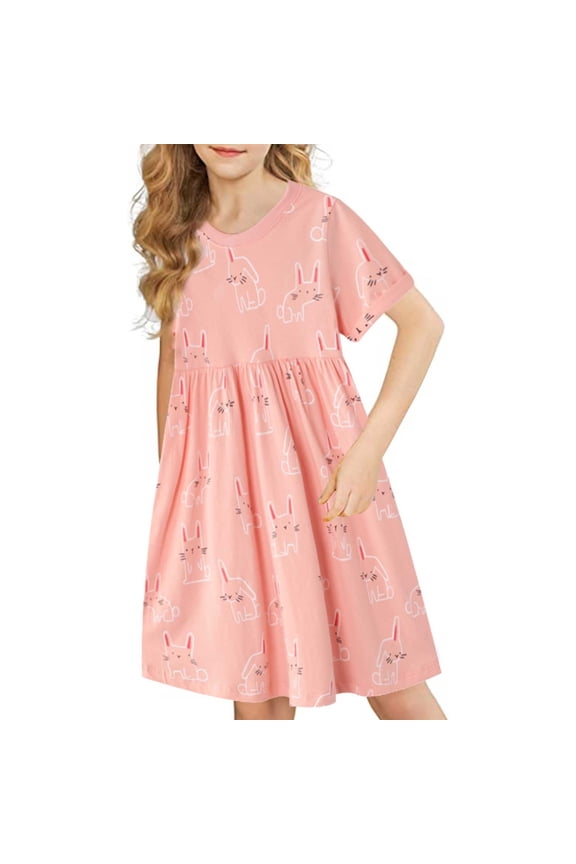 Girls Dresses Summer Short Sleeved Cute Bunny Daily Wear Little Easter Sun Dress