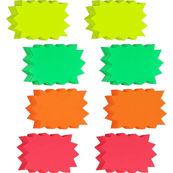 WSNIJFU 100 Pieces Starburst Signs Star Burst Signs Fluorescent Neon Paper for Retail Store, 4 Bright Colors (3 x 4.1 Inches)