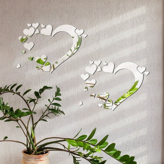 WSNIJFU 2 Pcs Heart Mirror Wall Stickers 3D Love Heart Mirror Wall Decor Acrylic Mirror Sticker for Home Decorations,Silver