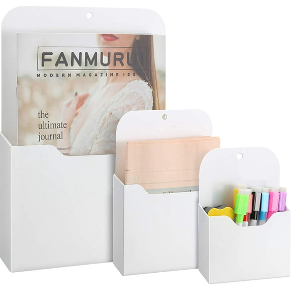 WSNIJFU 3 Pack Magnetic File Holder, Large Size Refrigerator Magnetic Holder for Pen, Paper, Markers, Notebooks, Letter, Good for Class Whiteboard, Office, Refrigerator, Locker L, M and S (White)