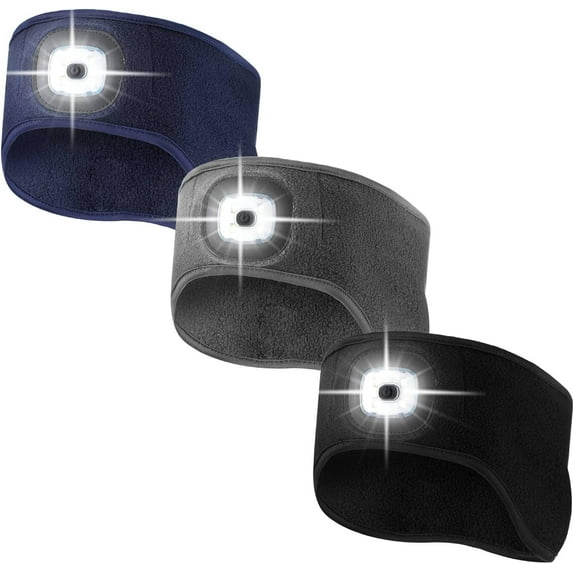 WSNIJFU 3 Pieces LED Headband with Light Rechargeable Fleece Ear Warmer Elastic Headband Winter Headlamp with Light