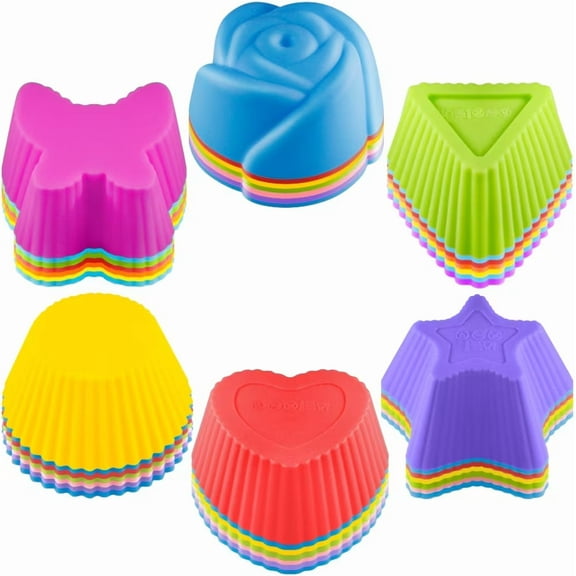 WSNIJFU 42 pcs Silicone Cupcake Baking Cups, Non-Stick Heat Resistant Cake Molds Ice Cube Molds for Making Muffin Chocolate Bread - 6 Shapes
