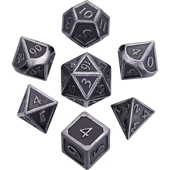 WSNIJFU 7 Pieces Metal Dices Set DND Game Polyhedral Solid Metal D&D Dice Set with Storage Bag and Zinc Alloy with Enamel Math Teaching (New Silver Nickel)