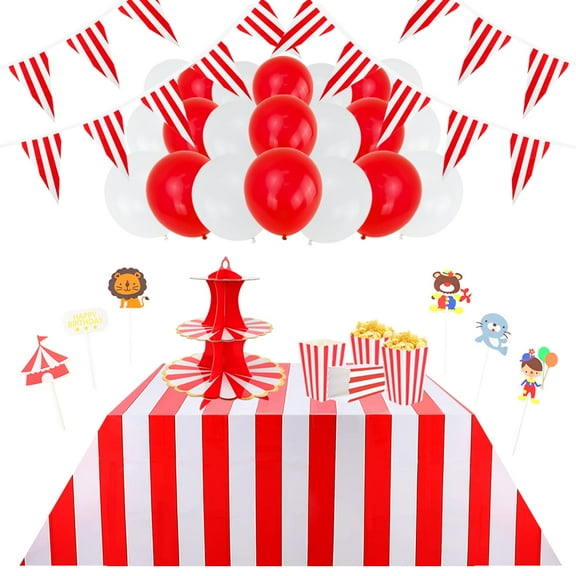 WSNIJFU Carnival Circus Party Decorations Supplies, Red and White Striped Pennant Banner Flags and Table Cloths Latex Balloons Set, Triangle Bunting Flags Carnival Birthday Party Decorations