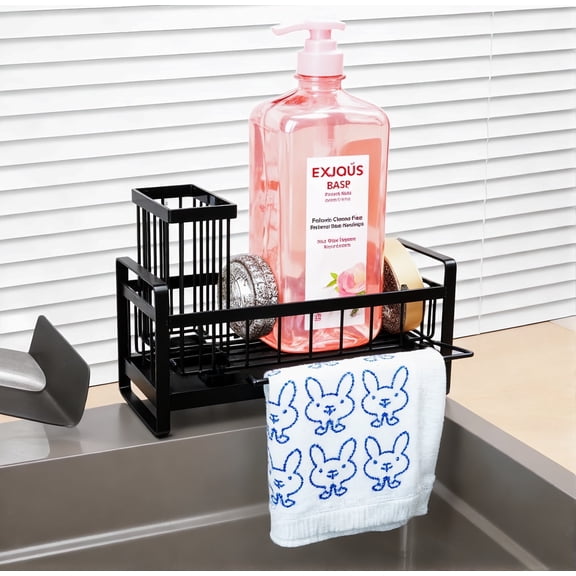 WSNIJFU Black Kitchen Sink Sponge Holder,Sink Storage Rack with High Brush Holder,Self Drain Sponge and Soap Caddy,Stainless Steel Kitchen Accessories
