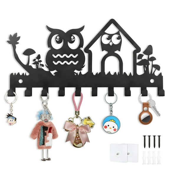 WSNIJFU Metal Wall Hooks with 10 Hooks Wall Mounted Owl Key Hook Organiser Key Holder for Wall ,Black
