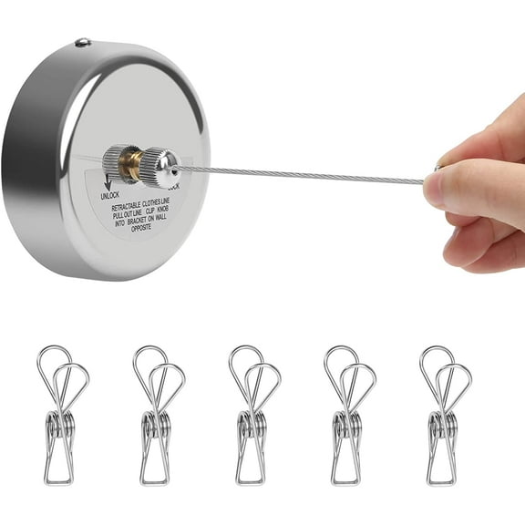 WSNIJFU Stainless Steel Retractable Clothesline, 9.2Ft Retracting Clothes Line Indoor Outdoor Heavy Duty Shower Line with 5 Stainless Steel Clothespins