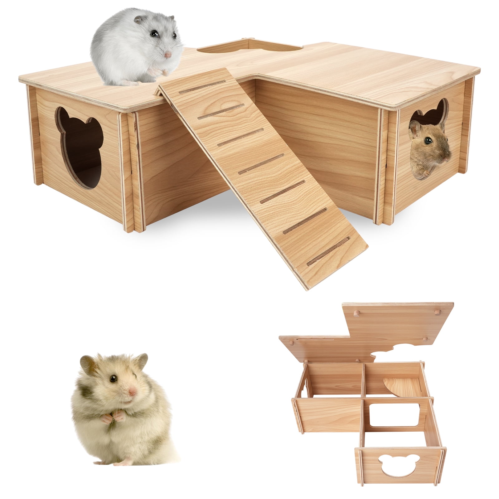 View of WSNIJFU Wooden Hamster Maze Multi-Chamber Hamster House Cute Hamster ...