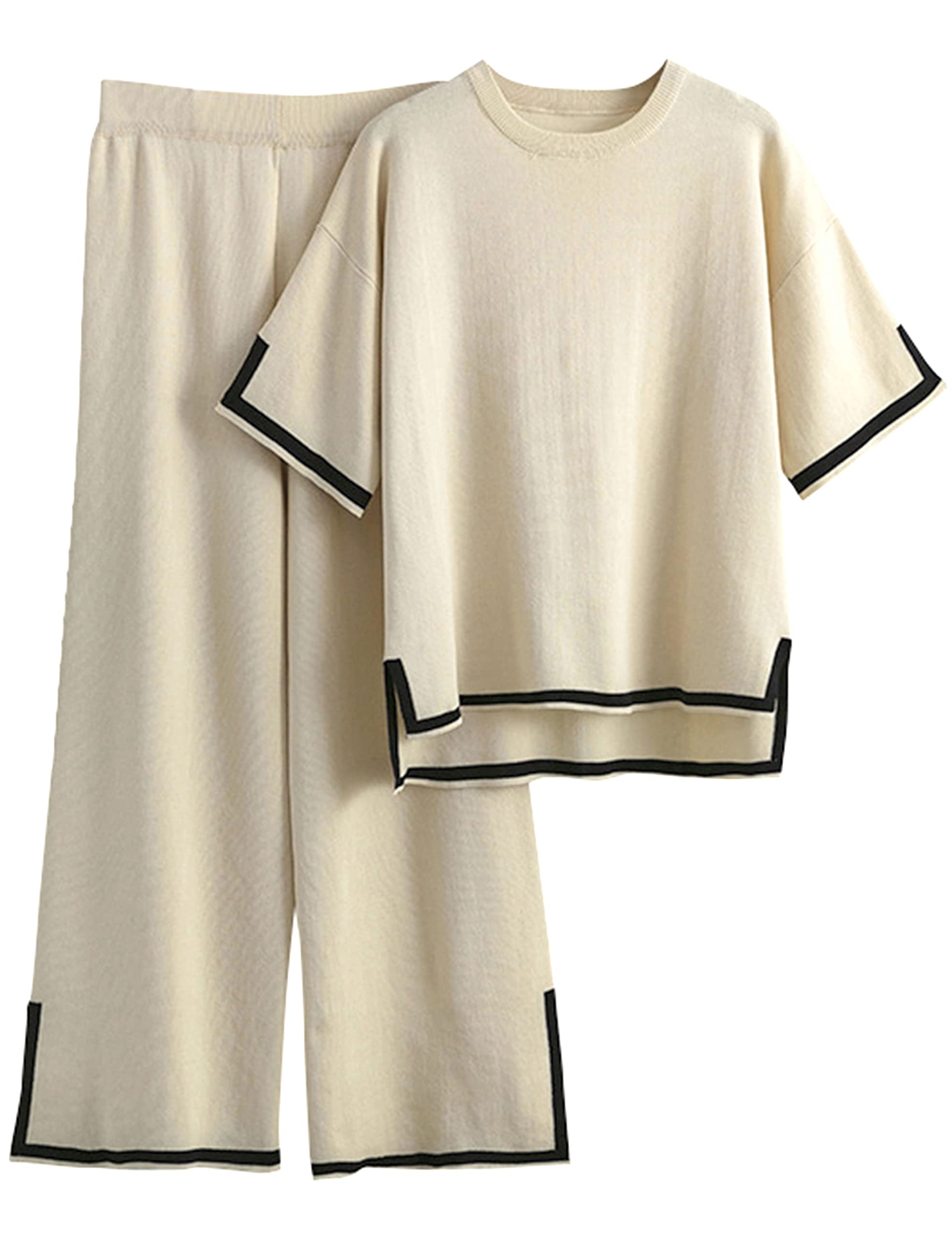 WSPLYSPJY Women 2 Piece Lounge Sets Short Sleeve Knit Pullover Tops Wide Leg Pants Sweater Sets Beige S