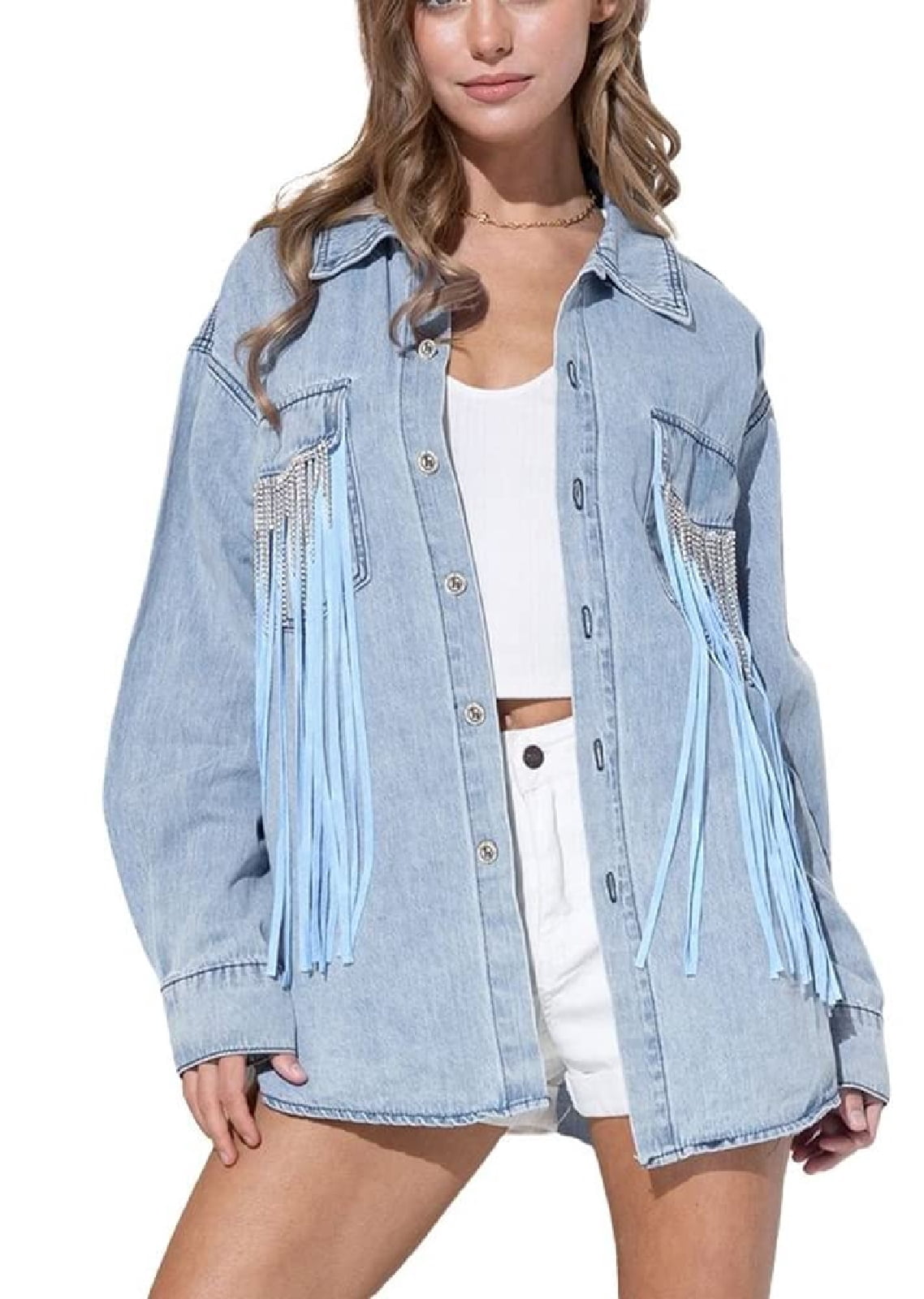 WSPLYSPJY Women's Chic Tassels Rhinestone Fringe Button Down Cowgirl ...