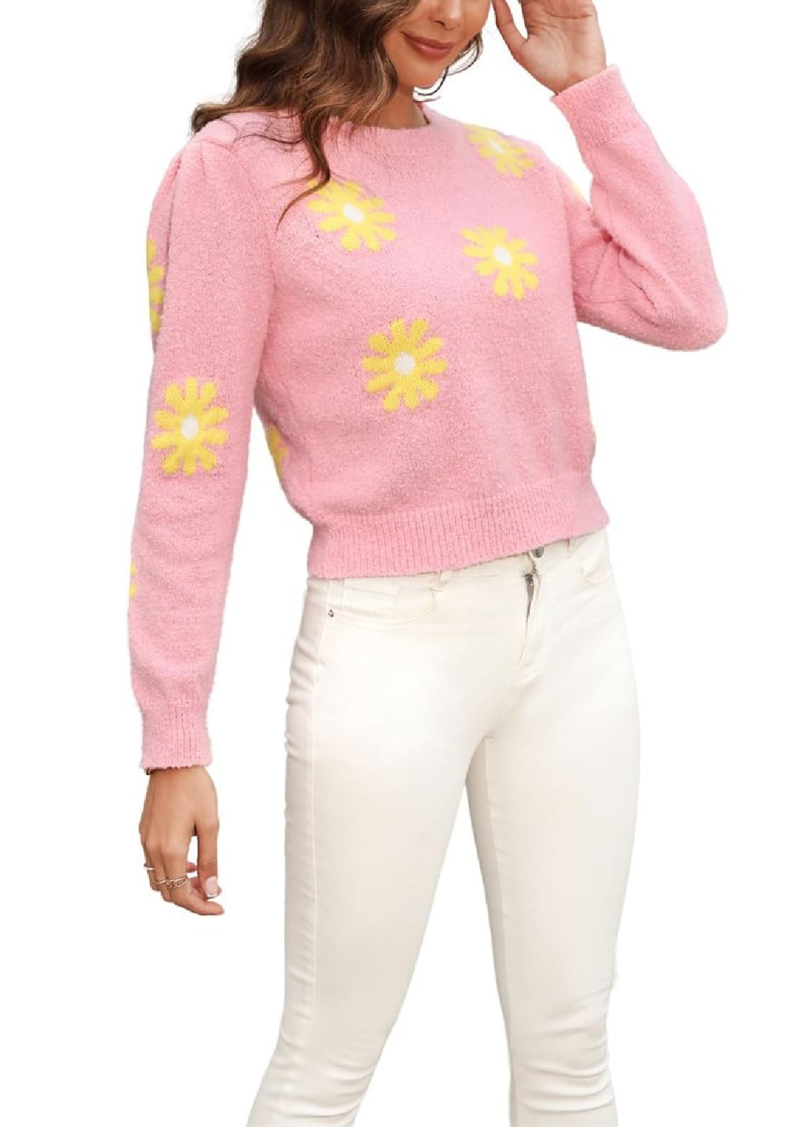WSPLYSPJY Women's Fuzzy Crewneck Cropped Sweater Cute Daisy Long Sleeve ...