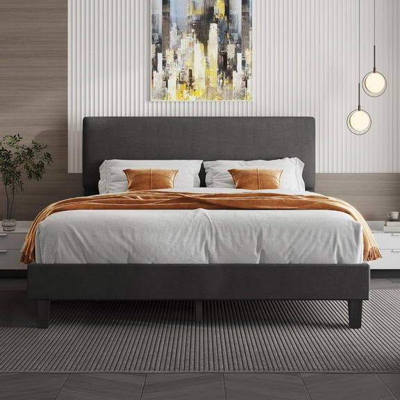 WSRFSD Bed Frame with Headboard,Linen Upholstered Bed Frame with Wood Slats Support,No Box Spring Needed,Heavy Duty Feet,Easy Assembly,Dark Grey
