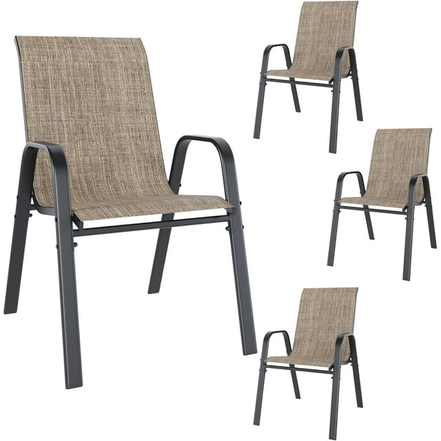 WSRFSD Patio Dining Chairs Set of 4 Outdoor Stackable Dining Chairs for All Weather 330lbs Capacity Heavy Duty Textilene Fabric Rustproof Metal Frame Patio Furniture for Backyard Garden Poolside Brown