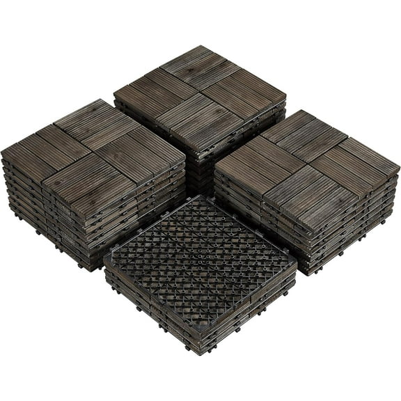 WSRFSD Wooden Patio Pavers, 27 Pcs Solid Fir Wood Deck Tiles with PVC, 12×12×1" Each, Interlocking Floor Tiles for Outdoor/Indoor,Black-12 Slat