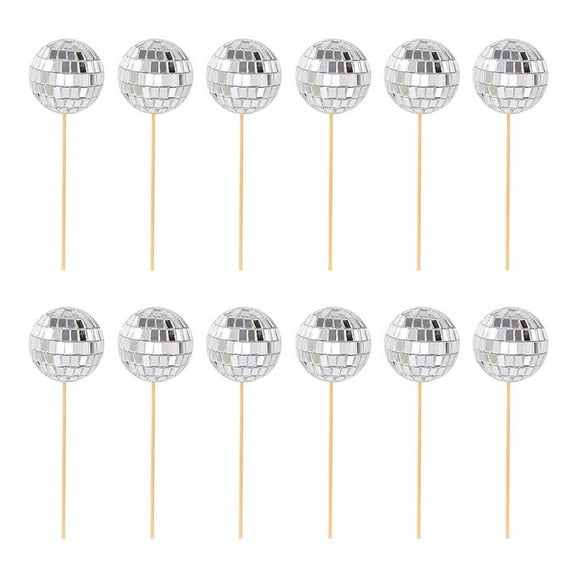 WSRRDRECVHi 12pcs Disco Ball with Woodstick Cake Decoration Mirror Set Party﻿ Topper