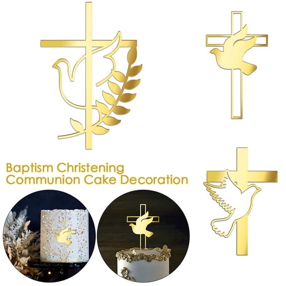 WSRRDRECVHi 3PCS Mirror Acrylic Cake Topper Dove and Cross Cake Toppers Baptism First Communion Cake Decorations Religious Cupcake Toppers DIY Cake Decorating Supplies Christian Party Supplies