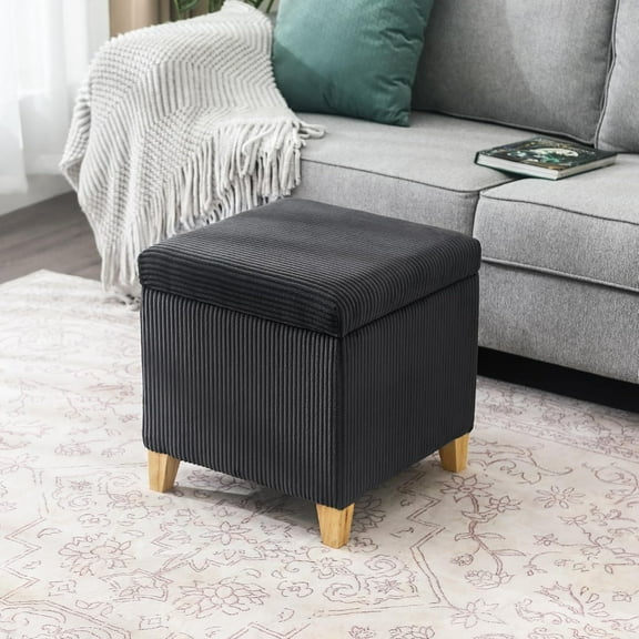 WSSYzyzf 17.5 Inch Square Ottoman with Storage Hinged Lid Small Foot Rest  Faux Linen Upholstered Footstool with Sturdy Wood Legs for Living Room Fluffy Striped Grey