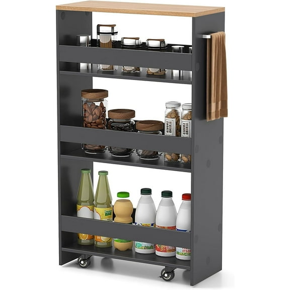 WSSYzyzf 4 Tier Rolling Slim Storage Cart 8 Inch Narrow Slide Out Kitchen Cart with Handle and Open Shelves, Space Saving Compact Mobile Utility Trolley for Small Space Laundry Room Grey & Natural