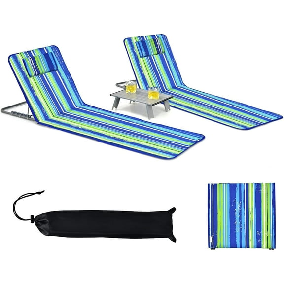 WSSYzyzf Beach Chairs, Folding Tanning Lounge Chairs with Table Set, Adjustable Patio Floor Chair, Outdoor Sunbath Chair with Desk, Pillow & Storage Bag for Outside, Patio, Poolside (Blue Stripe)
