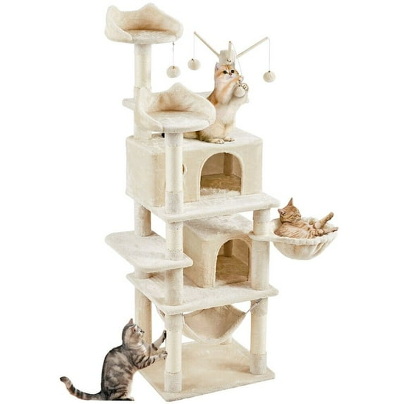 WSSYzyzf Cat Tree, 67″ Cat Tower for Indoor Cats, Cat Tree with 2 Cozy Condos, 2 Padded Perches, Scratching Posts & Ramp, Hammock, Cat House Activity Center