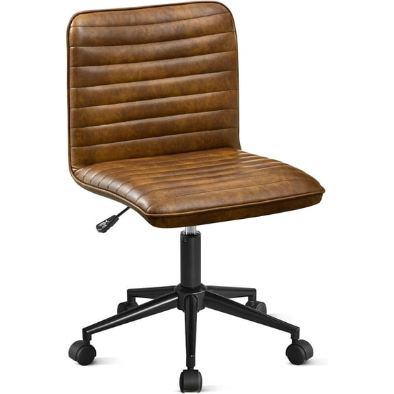 WSSYzyzf Leather Office Chair with Wheels Armless Vanity Desk Chair 360° Swivel Computer Rolling Chair with Mid Back, Height Adjustable Accent Chairs with Gold Metal Base Stool, PU YellowBrown