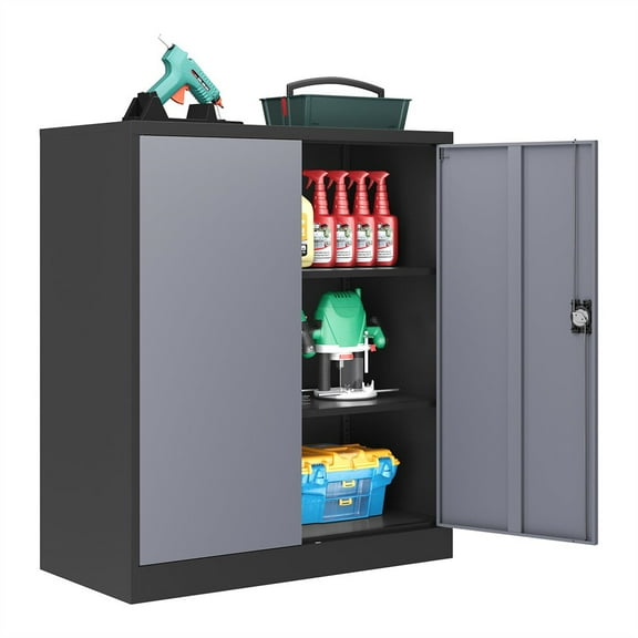 WSSYzyzf Metal Storage Cabinet with Locking Doors and Adjustable Shelves, Heavy-Duty Tool Steel Cabinet for Garage, Home Office, School, and Gym Organization Black Gray