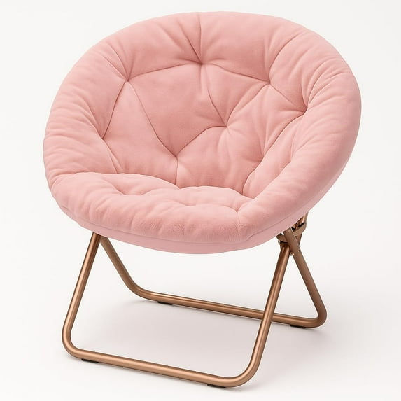 WSSYzyzf Saucer Chair for Teens Adults, Oversized Folding Cozy Moon Chair with Gold Metal Frame, Furry Faux Fur Comfy Lazy Seat for Bedroom, Living Room, Dorm Room, Apartment (Pink)
