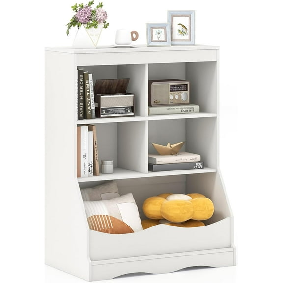 WSSYzyzf Storage Cabinet, Small Bookshelf, Short Bookcase with 4 Open Storage Cube & Bottom Compartment, Anti-Tipping Device, Foot Pads, Cubby Storage Organizer for Study, Living Room (White)