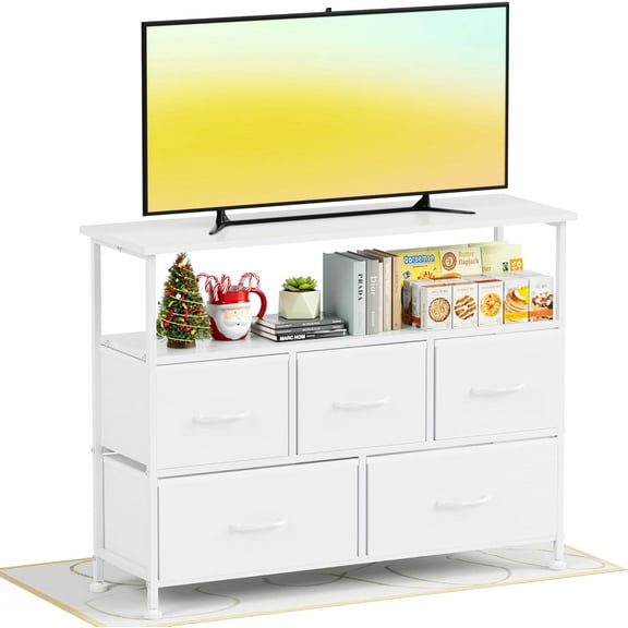 WSSYzyzf TV Stand Dresser for Bedroom Entertainment Center with 5 Fabric Drawers, Storage Organizer Unit for Living Room, Media Console Table with Open Shelf for up to 45 inch TVs White