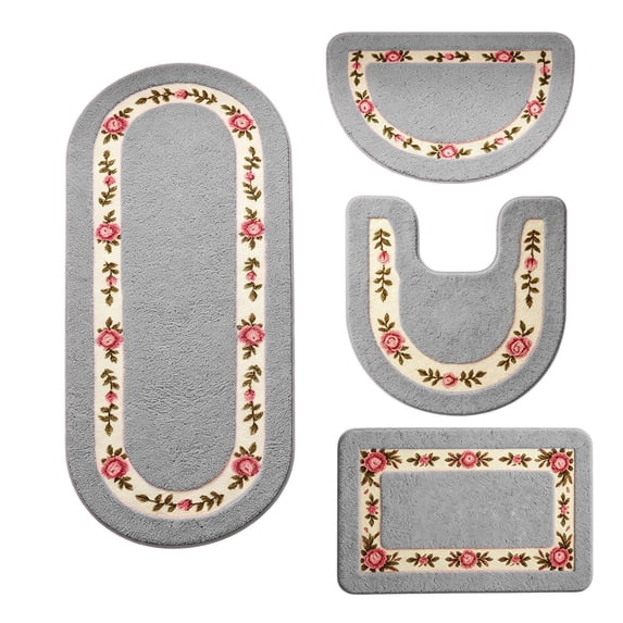 WSSZL Vibrant Rose Floral Bathroom Rug Set, Non-Slip Absorbent Bath Mats, Machine Washable, Full Bathroom Coverage, Shower Toilet Sink Use, Home Decor,Gray