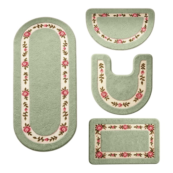 WSSZL Vibrant Rose Floral Bathroom Rug Set, Non-Slip Absorbent Bath Mats, Machine Washable, Full Bathroom Coverage, Shower Toilet Sink Use, Home Decor,Green