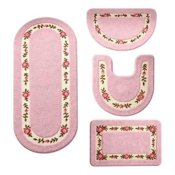 WSSZL Vibrant Rose Floral Bathroom Rug Set, Non-Slip Absorbent Bath Mats, Machine Washable, Full Bathroom Coverage, Shower Toilet Sink Use, Home Decor,Pink