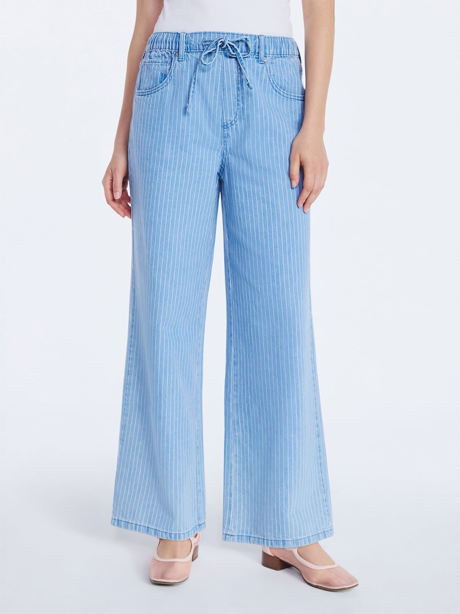 Free Assembly Women's and Women's Plus Striped Wide Leg Relaxed Jeans with Elastic Waist, Sizes XS-4X