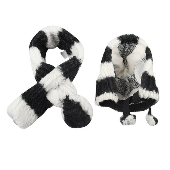 WSTEER 1 Set Pet Winnter Costume Warm Stripe Scarf and Hat Set for Dogs Cats - Size L (White and Black)
