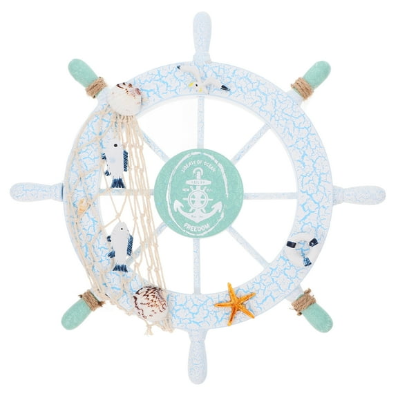Nautical Beach Style Wooden Boat Ship Steering Wheel with Fishing Net and Shell Home Wall Decor 1 Set Swim Ring Included