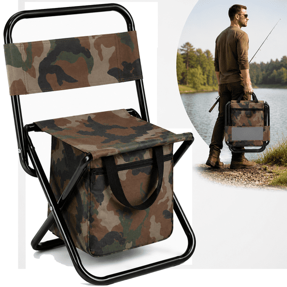 WSTRNIX Portable Folding Fishing Chair with Backrest & 10L Storage Bag, Lightweight Oxford X-Frame Stool Supports 300 Lbs, Foldable Outdoor Seat for Fishing Camping Hiking Beach Hunting