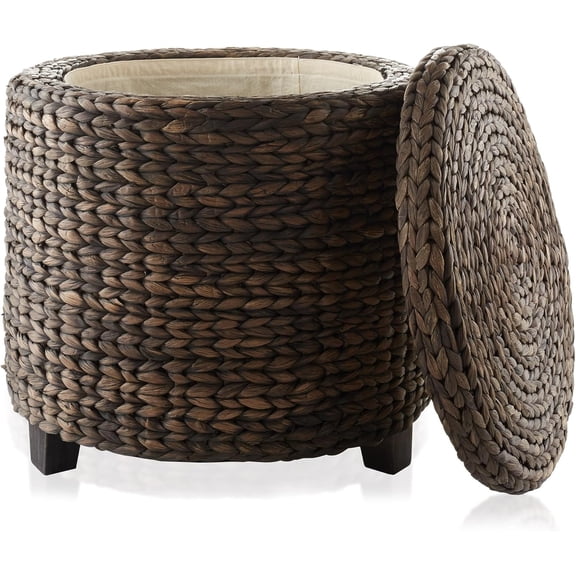 WSWJY 17" Round Storage Ottoman with Lid - Espresso Dark Brown, Handwoven Water Hyacinth Footstool for Living Room, Bedroom, Bathroom, Home Office
