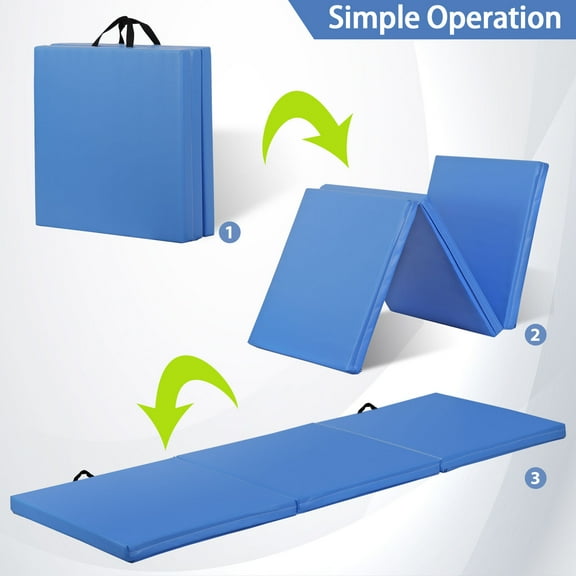 WSWJY 2 Inch Thick Tri-Fold Gymnastics Exercise Mat, Portable Folding Workout Mat with Carrying Handles, Shock Absorbing Fitness Mat in 4 Colors for Yoga Training Aerobics Home Gym Blue
