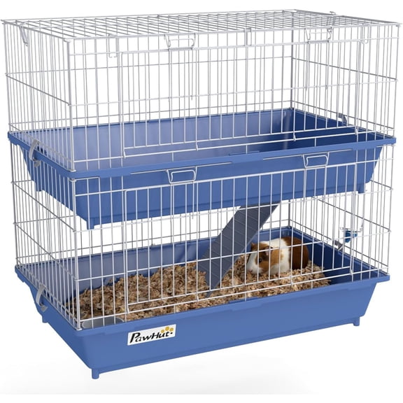 WSWJY 2-Tier Guinea Pig Cage, Ferret Cage, Chinchilla Cage, Small Animal Cage Indoor with Dish and Bottle, 2 Doors, Deep Bottoms, Ramp, 28", Blue