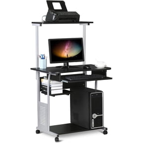WSWJY 2 Tier Mobile Computer Desk with Printer Shelf & Keyboard Tray Rolling Computer Table for Small Spaces, Compact Study Workstation with Wheels, Space Saving, Black