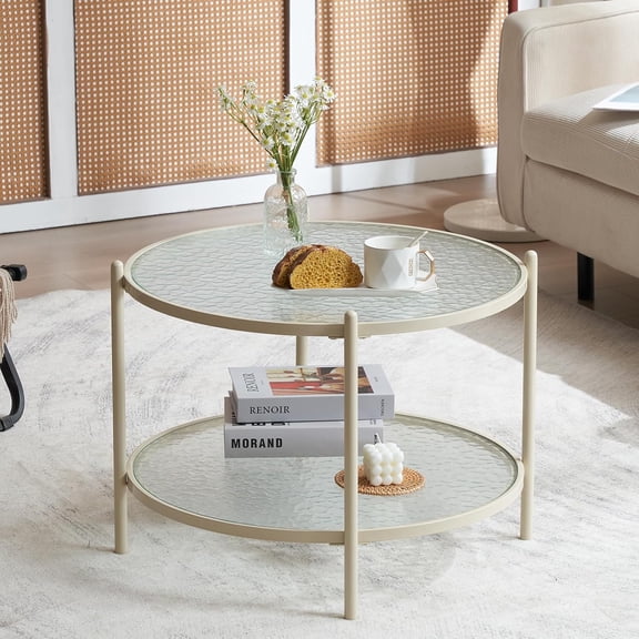 WSWJY 25.6" Small Cream White Round Coffee Table Water-Wave Glass Circle Clear Coffee Table, Center Table with 2-Tier Modern Storage Design for Living Room, Bedroom, Meeting Room, Balcony, Beige