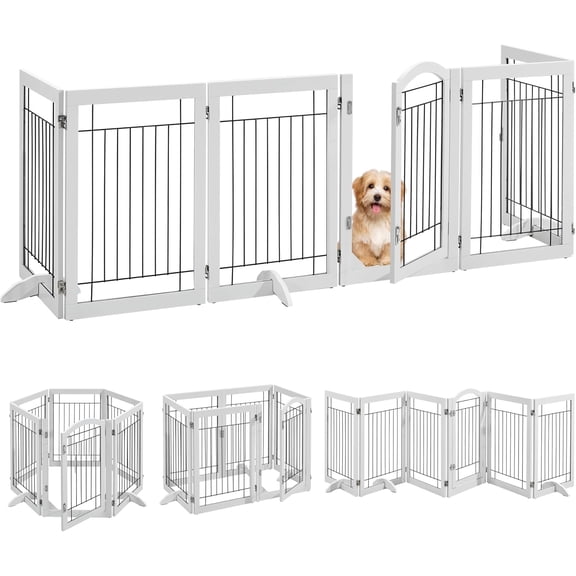 WSWJY 32-inch Tall Dog Gate with Door Extra Wide Pet Gate for Dogs, Foldable Wire & Wooden Puppy Safety Fence w/3 Support Feet,Freestanding Dog Gate for The House, Doorway, Stairs(White,6 Panels)
