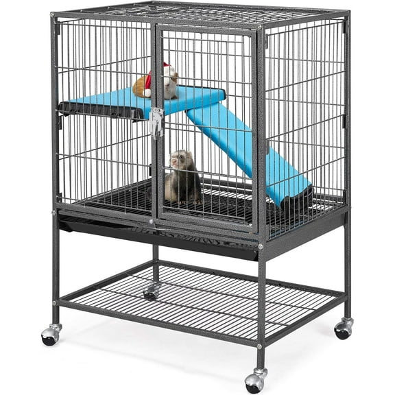 WSWJY 34 Inch Multi-Level Small Animal Cage for Adult Rats, Chinchillas - Metal Rolling Cage with Removable Ramp & Platform, Black