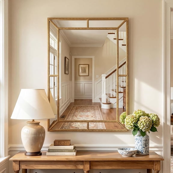 WSWJY 36" x 24" Gold Rectangle Wall Mirror, Decorative Mirror with Beaded Frame for Living Room, Entryway, Fireplace, Bedroom, Modern Vintage Wall Decoration (Rectangle)